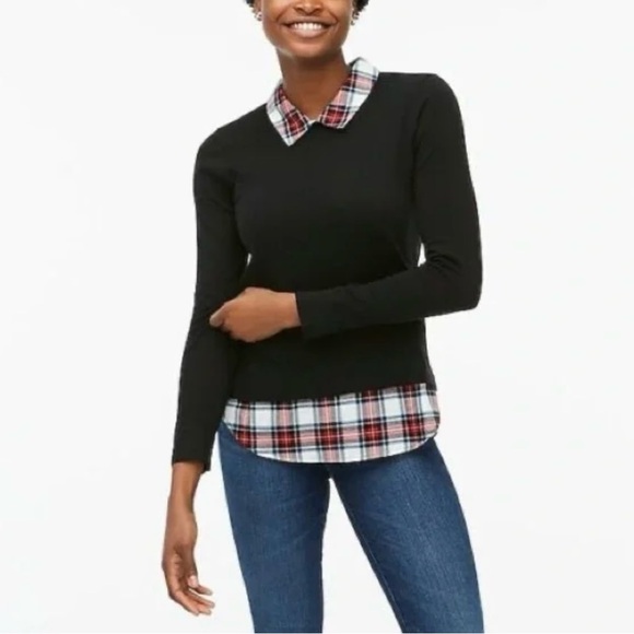 J. CREW Black Red Tartan Plaid 2Fer Layered Look Pullover Collared Sweater Top S - Picture 1 of 10